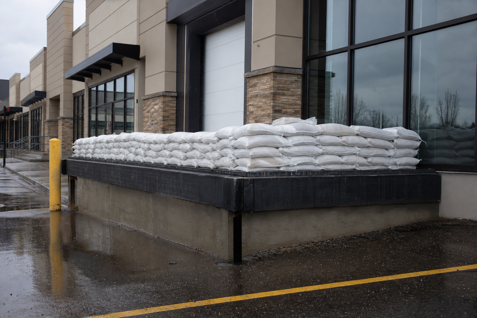 Pre-filled sandbags protecting a commercial storefront entrance