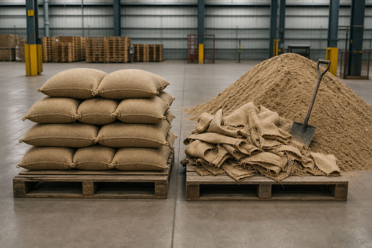 Pre-filled sandbags beside a temporary barrier panel at a residential doorway