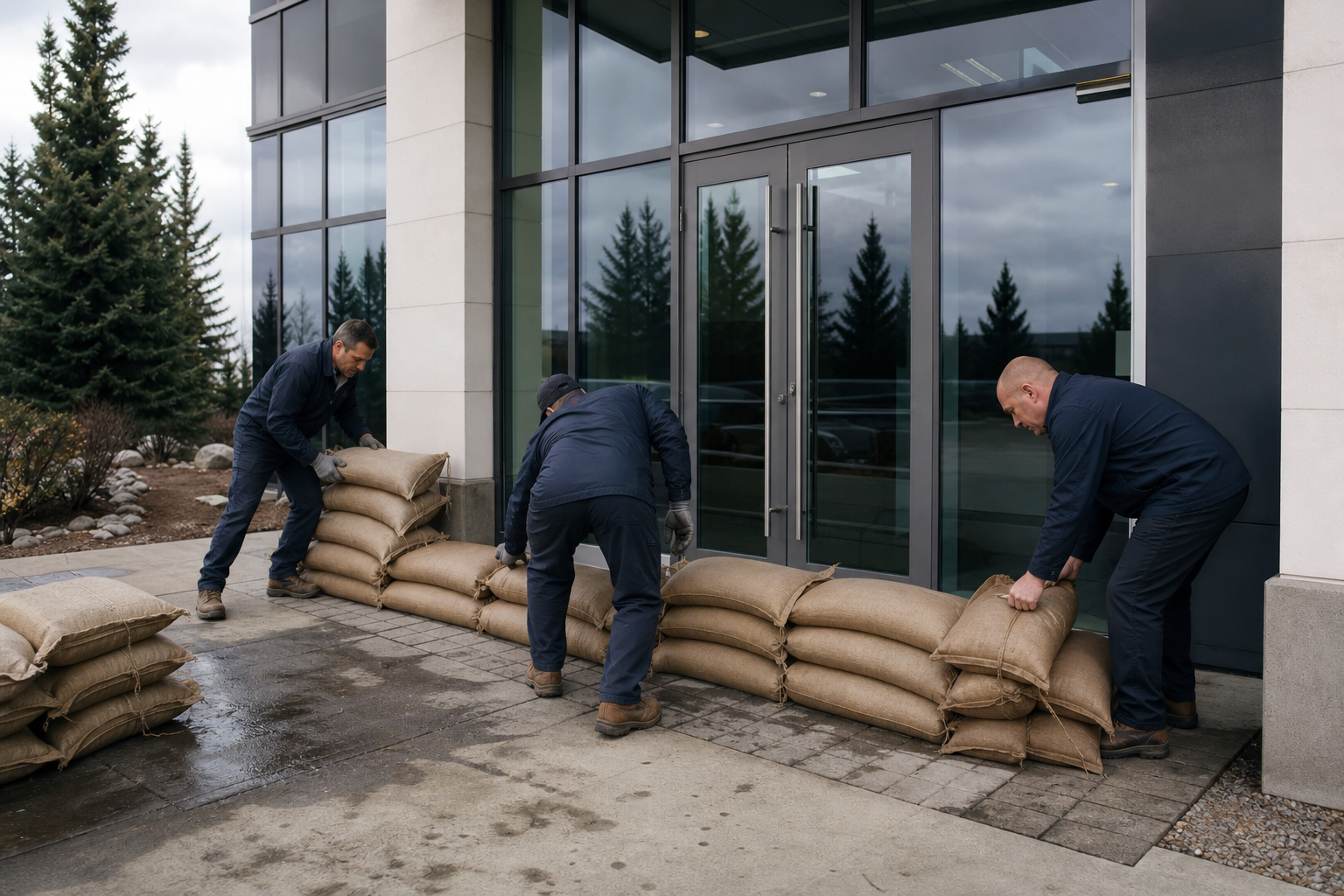 Edmonton business staff preparing sandbags near a commercial loading door
