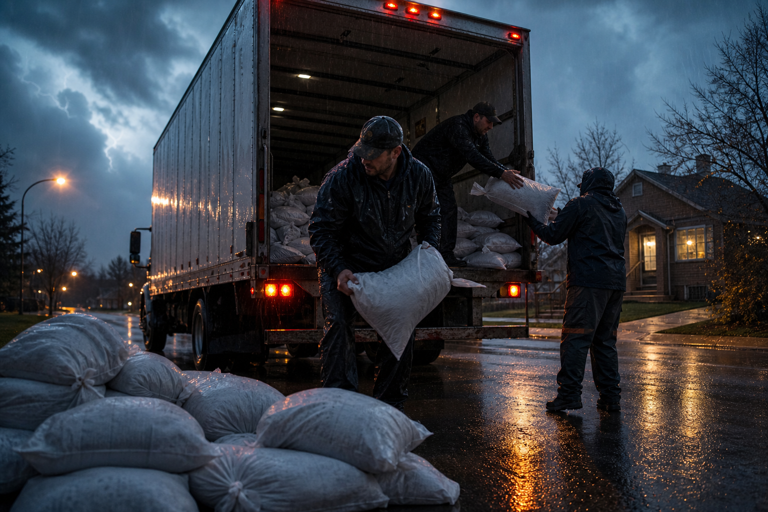 Pre-filled sandbags staged before a capital-region thunderstorm