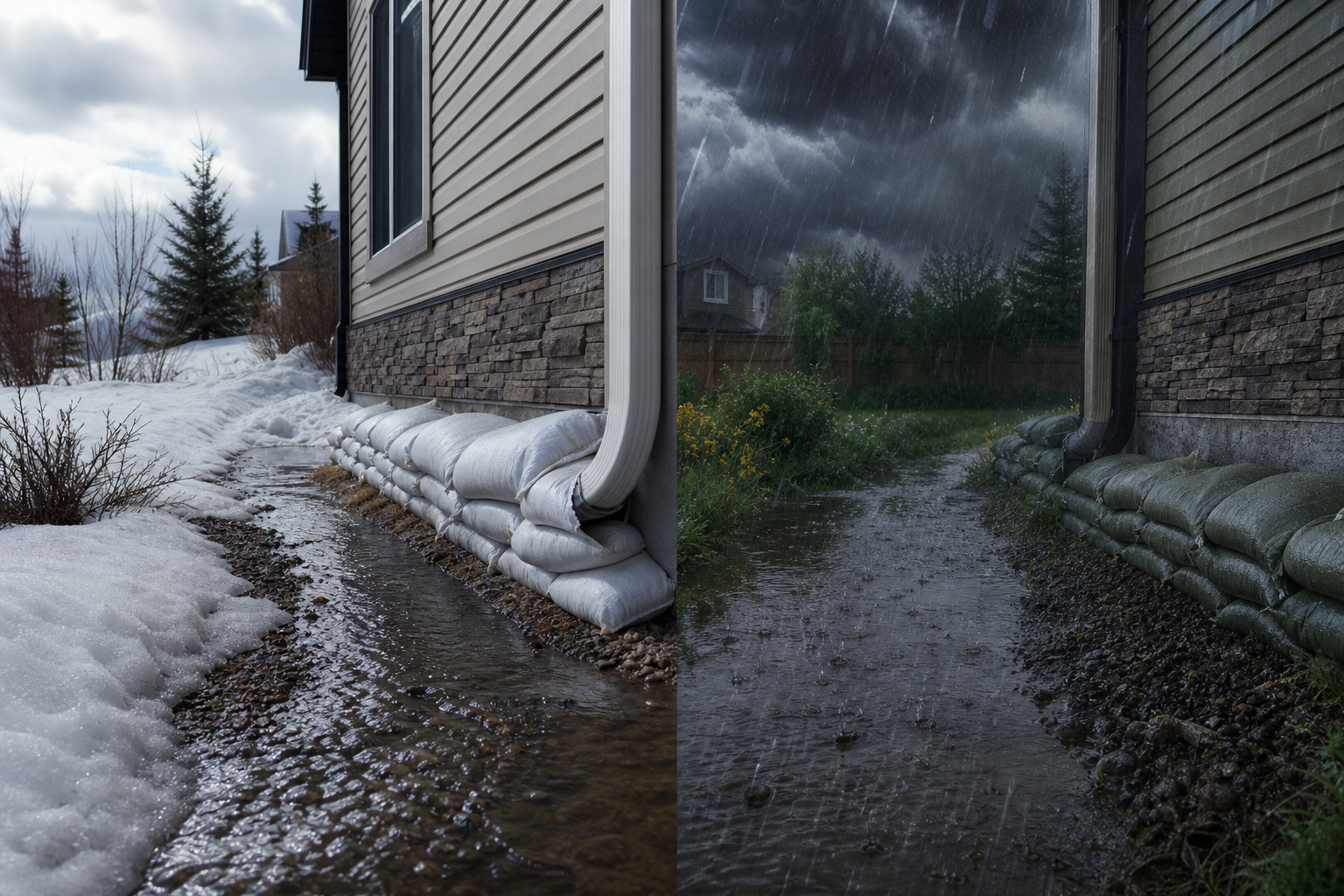 Seasonal sandbag setup beside an Edmonton home during snowmelt and rain