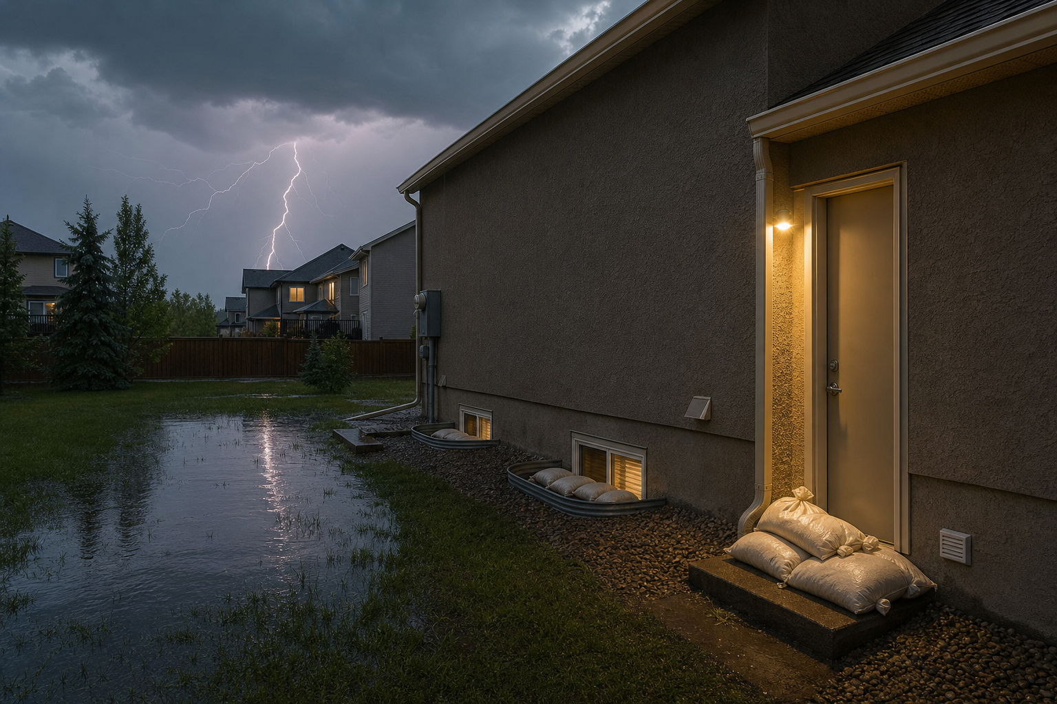 Thunderstorm clouds over an Alberta home with sandbags protecting a low entrance