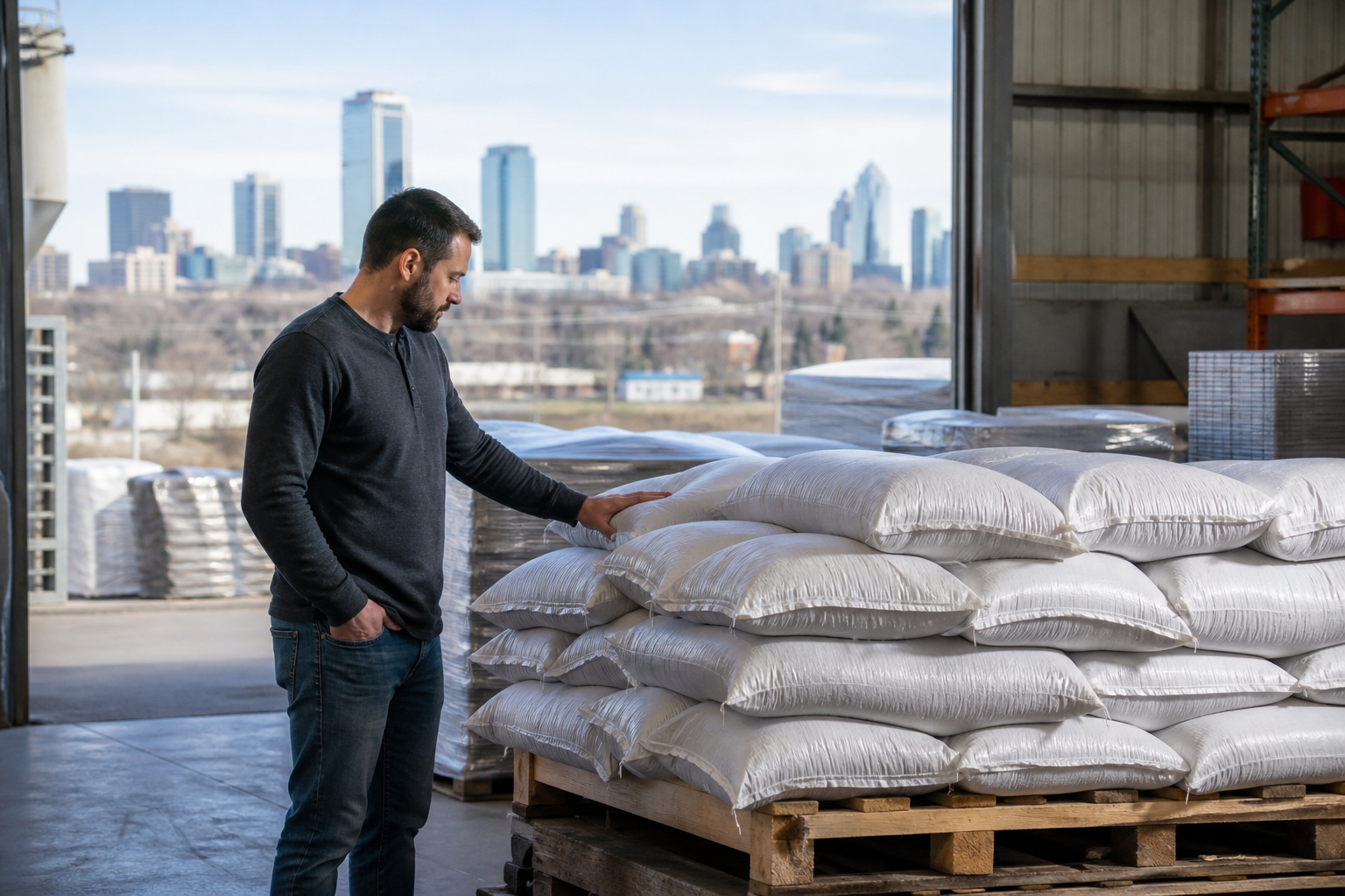 Pre-filled hessian sandbags ready for pickup at an Edmonton warehouse