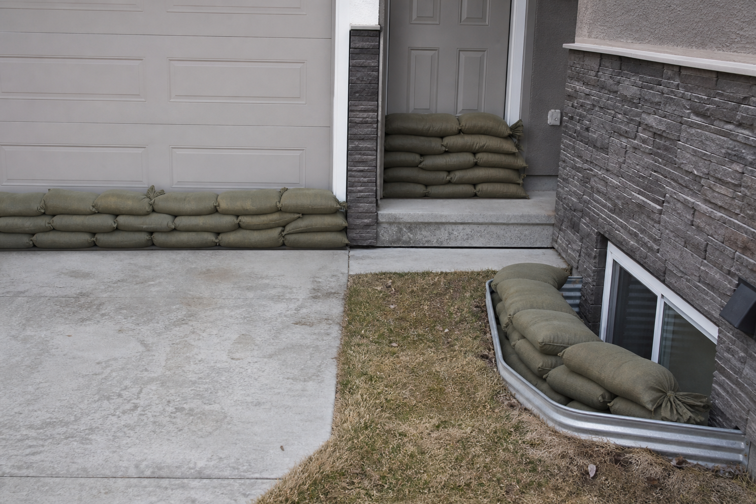 Sandbags placed on the uphill side of a residential window well